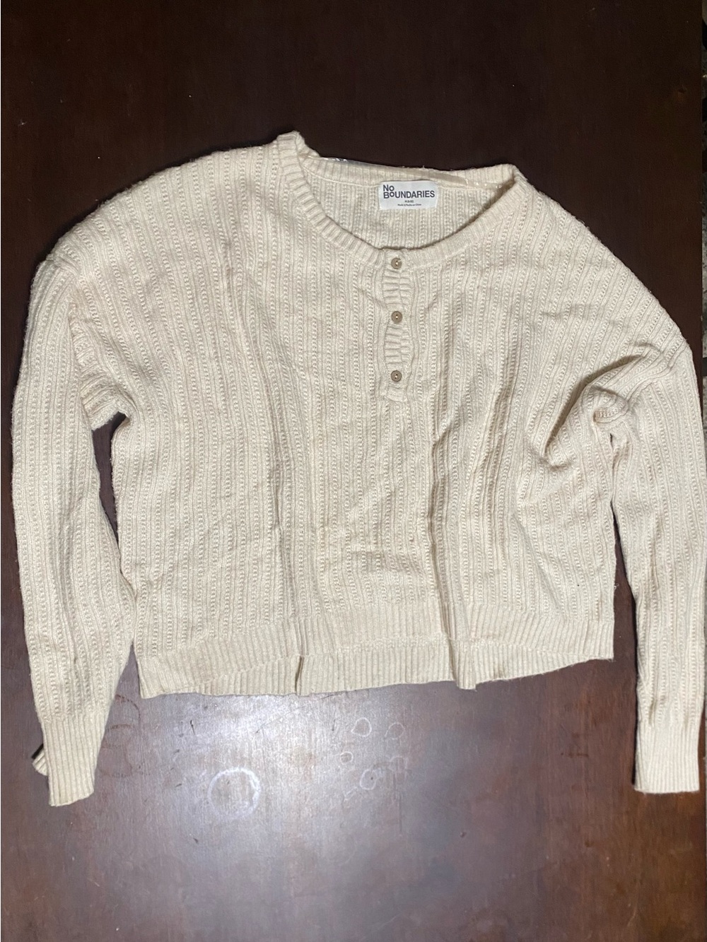 No Boundaries Cream Cable Knit Henley Crew Sweater Size Medium